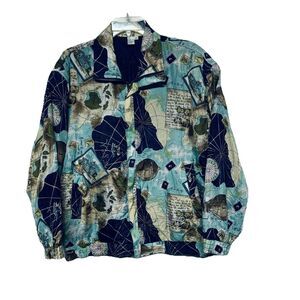 Coaco VTG 100% Silk Bomber Jacket Size M Map Travel Hot Air Balloon Binoculars